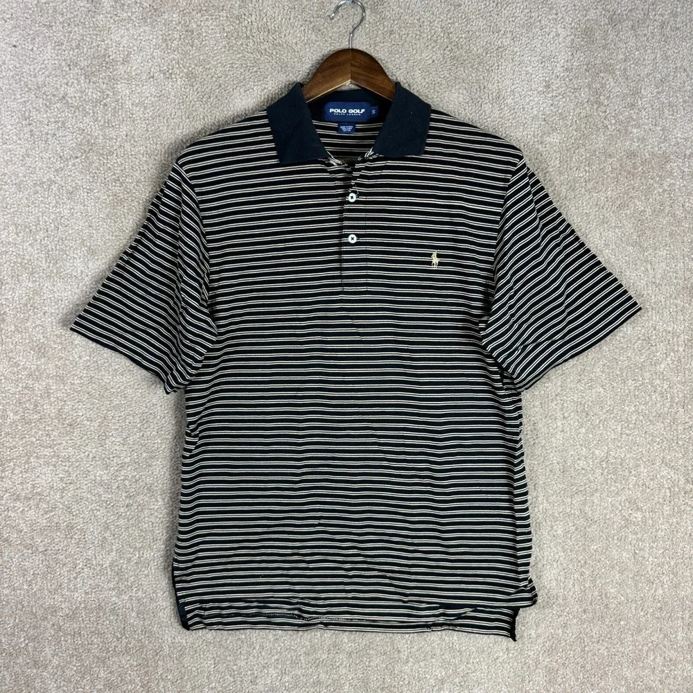 Polo Ralph Lauren Golf Shirt Mens Size Small Black/Tan Striped Pima Cotton Rugby